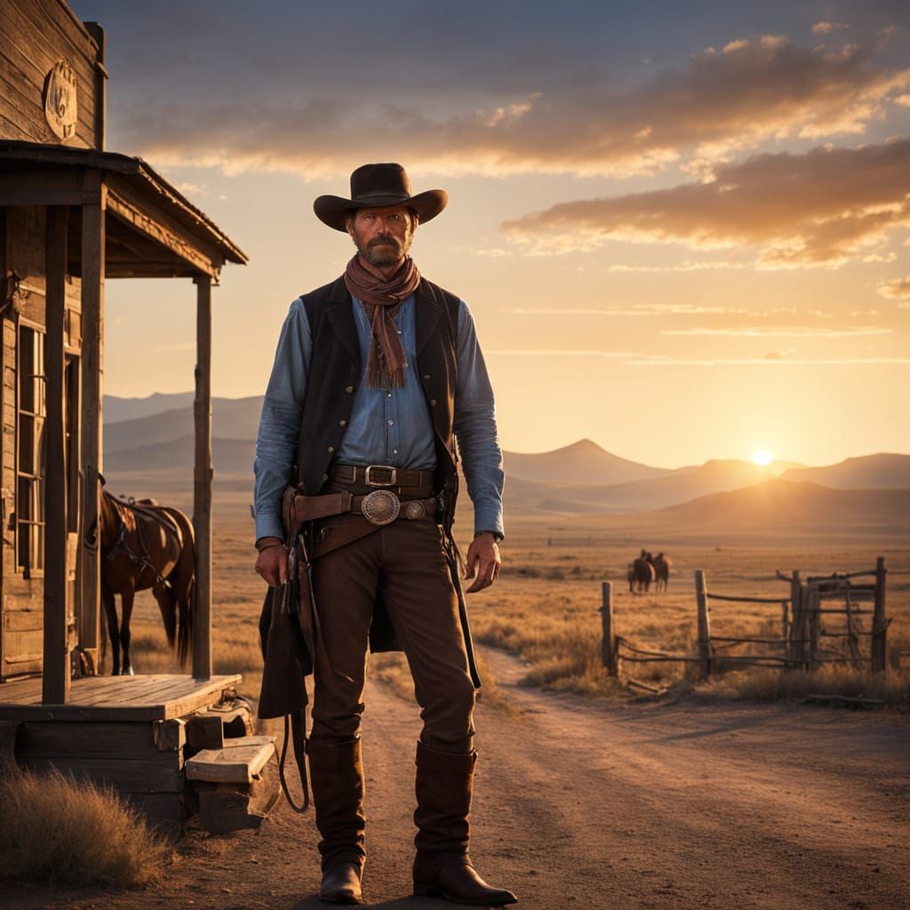 Gritty Cowboy in Sunset Saloon Entrance