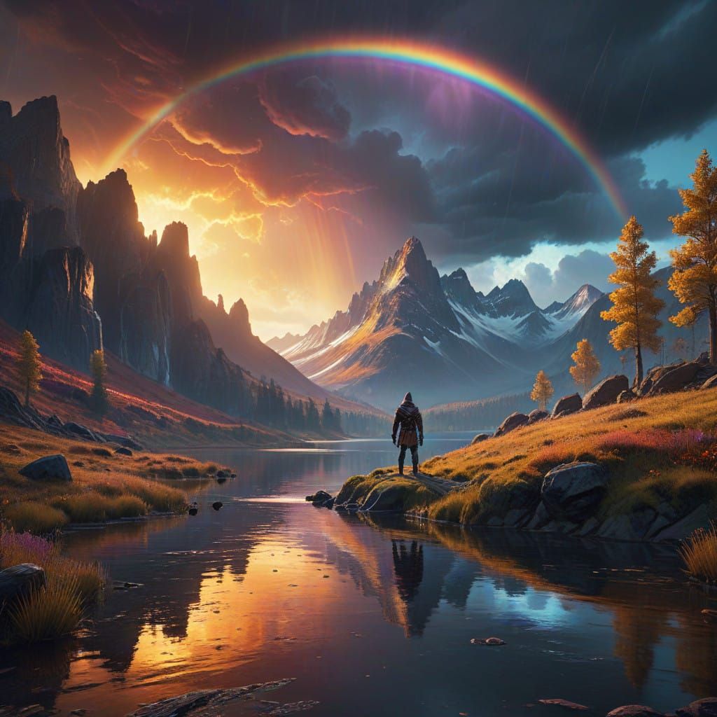 Majestic Dreamlike Scene with Rainbow and Lake