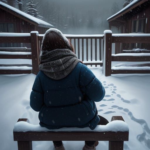Somber Snowy Scene of a Young Girl on a Country House Steps