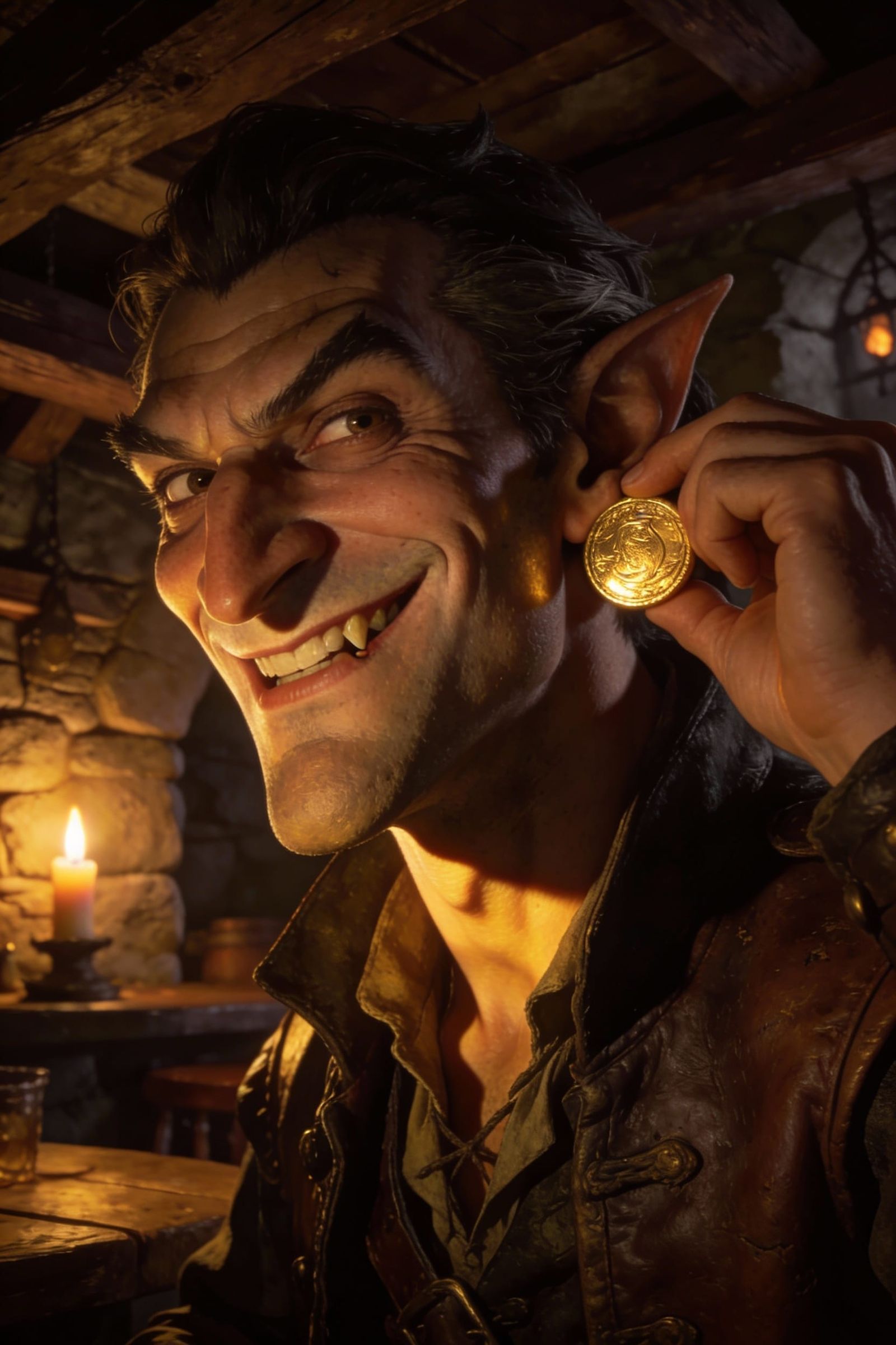 Sly Trickster with Gold Coin in Medieval Tavern