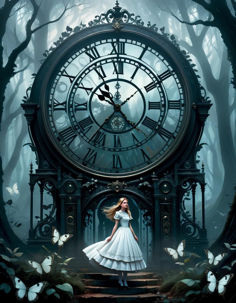 Woman and Clock in Misty Wonderland Forest