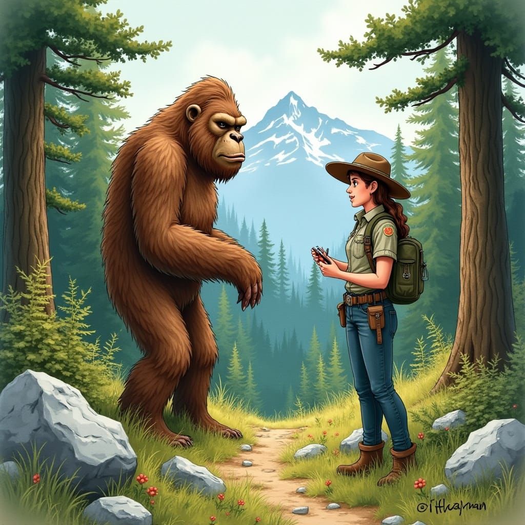Sasquatch and Forest Ranger in Watercolor Illustration