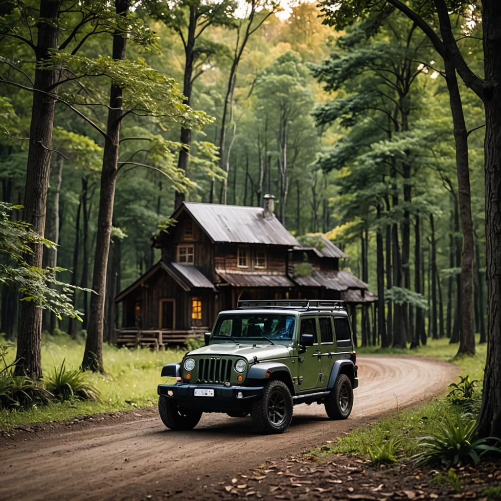 Jeep Parked Near Wood House in Natural Lighting