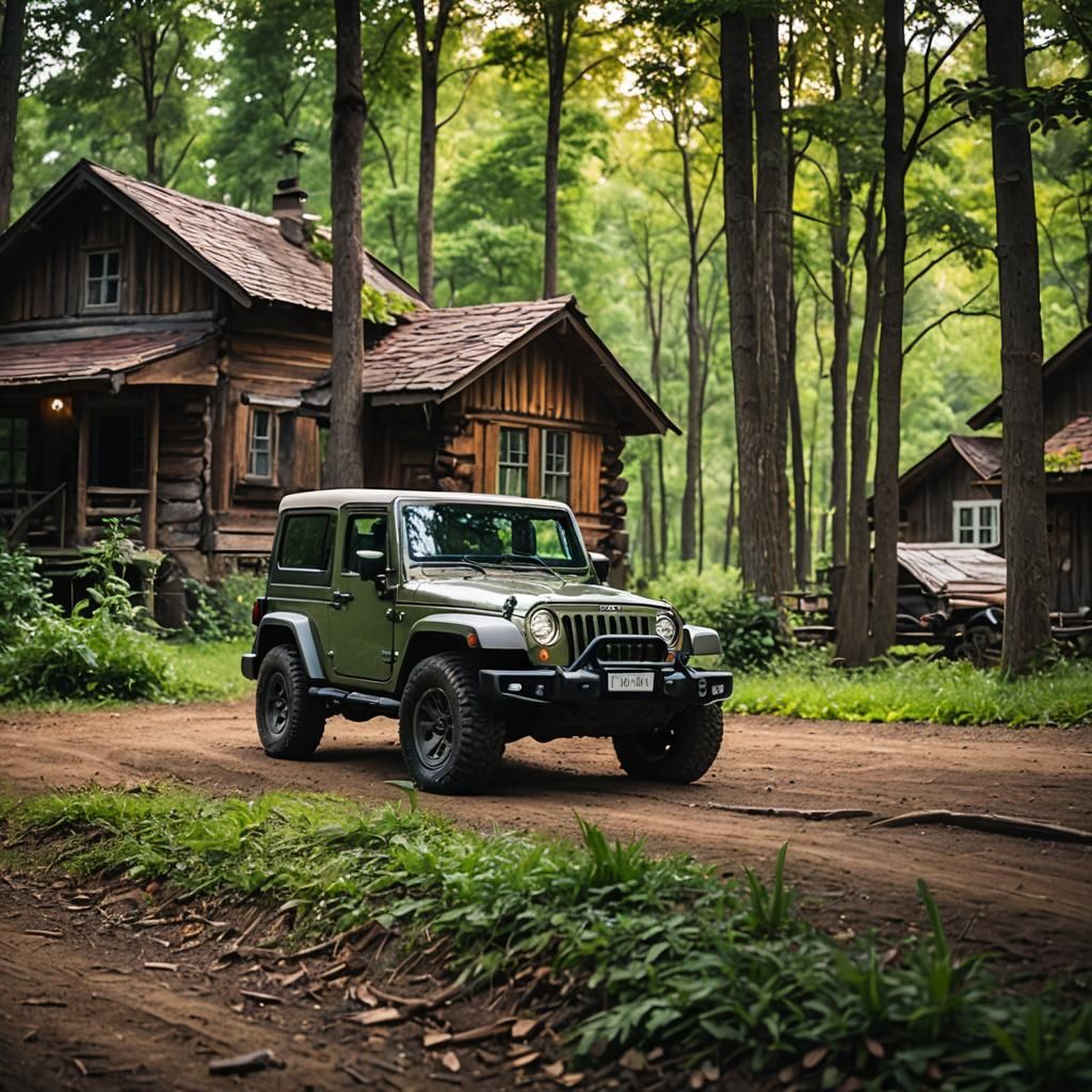 Jeep Near Wood House in Forest: Professional Photography