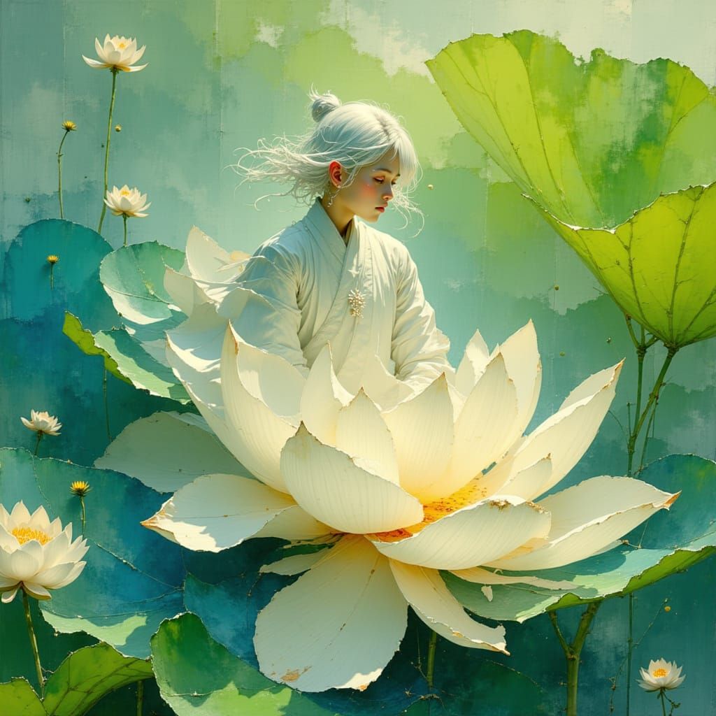 Boy in Lotus Flower, Chinese Garments, 8K Concept Art
