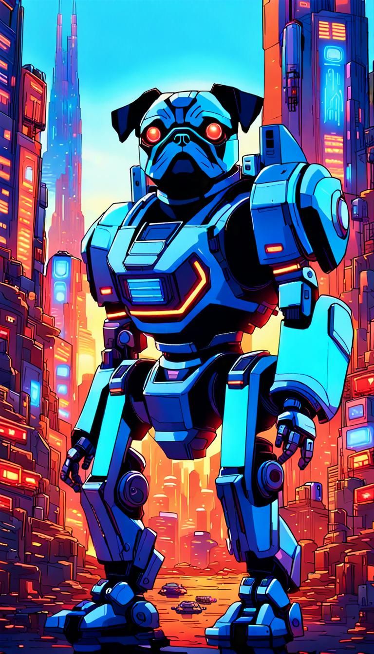 Pug in Robot Suit in Futuristic Cityscape