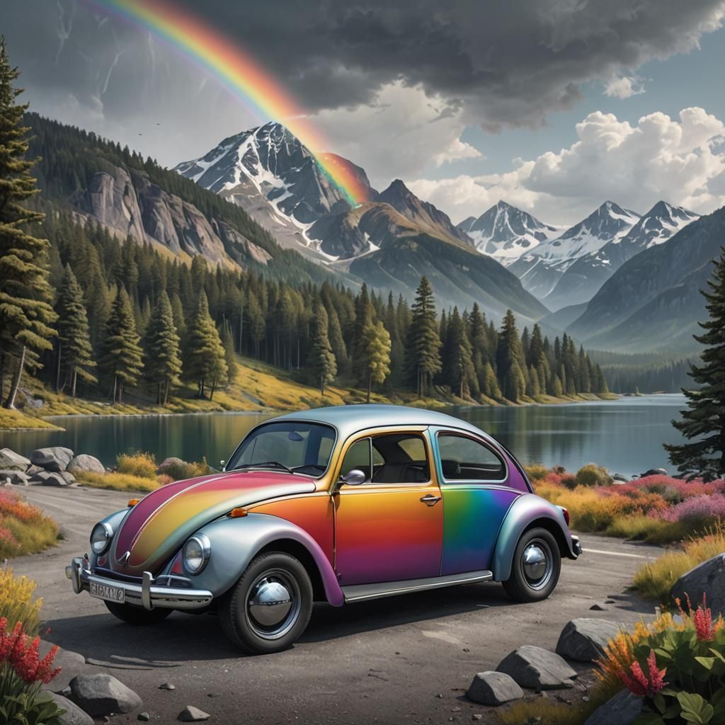 Rainbow Beetle Car in Monochromatic Landscape