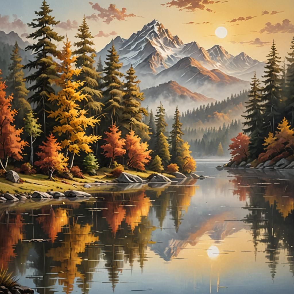 Serene Mountain Lake Landscape in Bob Ross Style