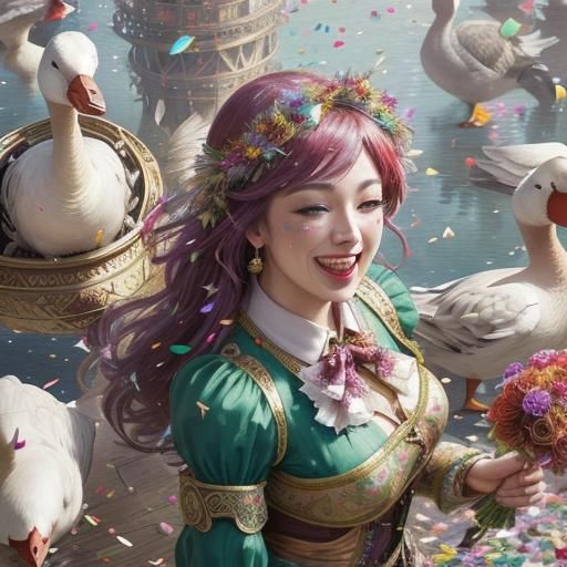 Steampunk Flower Ladies Dancing with Geese in Confetti