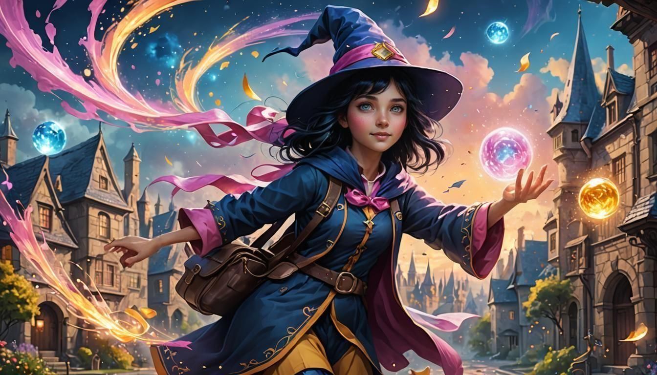 Young Wizard Flying to School in Watercolor Style