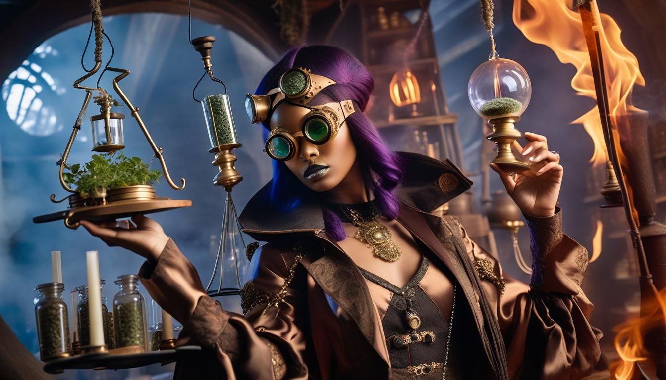 Steampunk Alchemist in Medieval Shop, Vogue Style