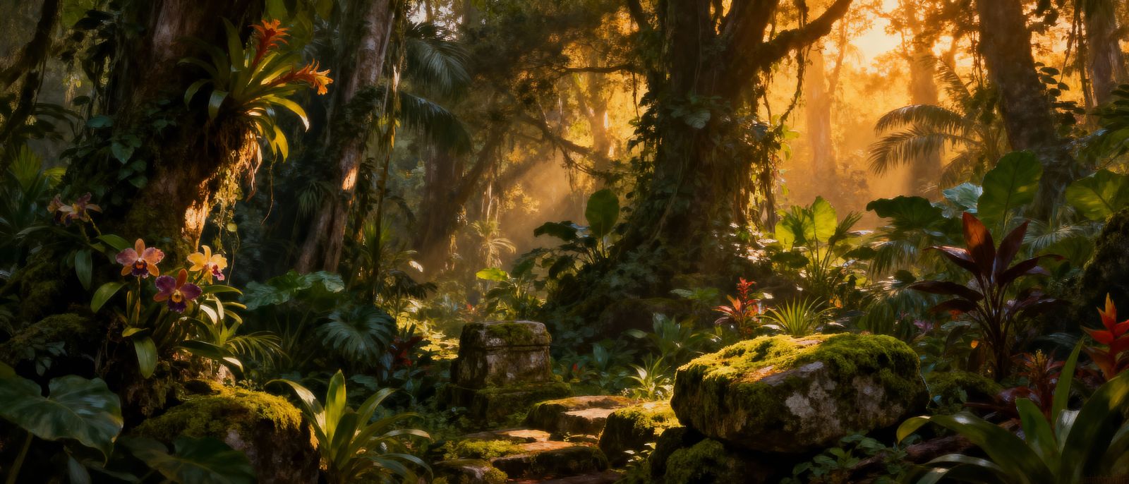 Overgrown Jungle Bursting with Life in Golden Hour Light
