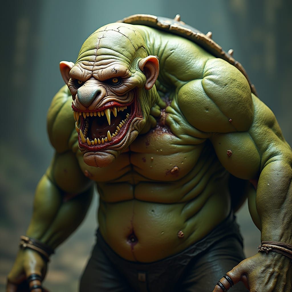 Grotesque Armored Ogre Creature in Dark Fantasy Style