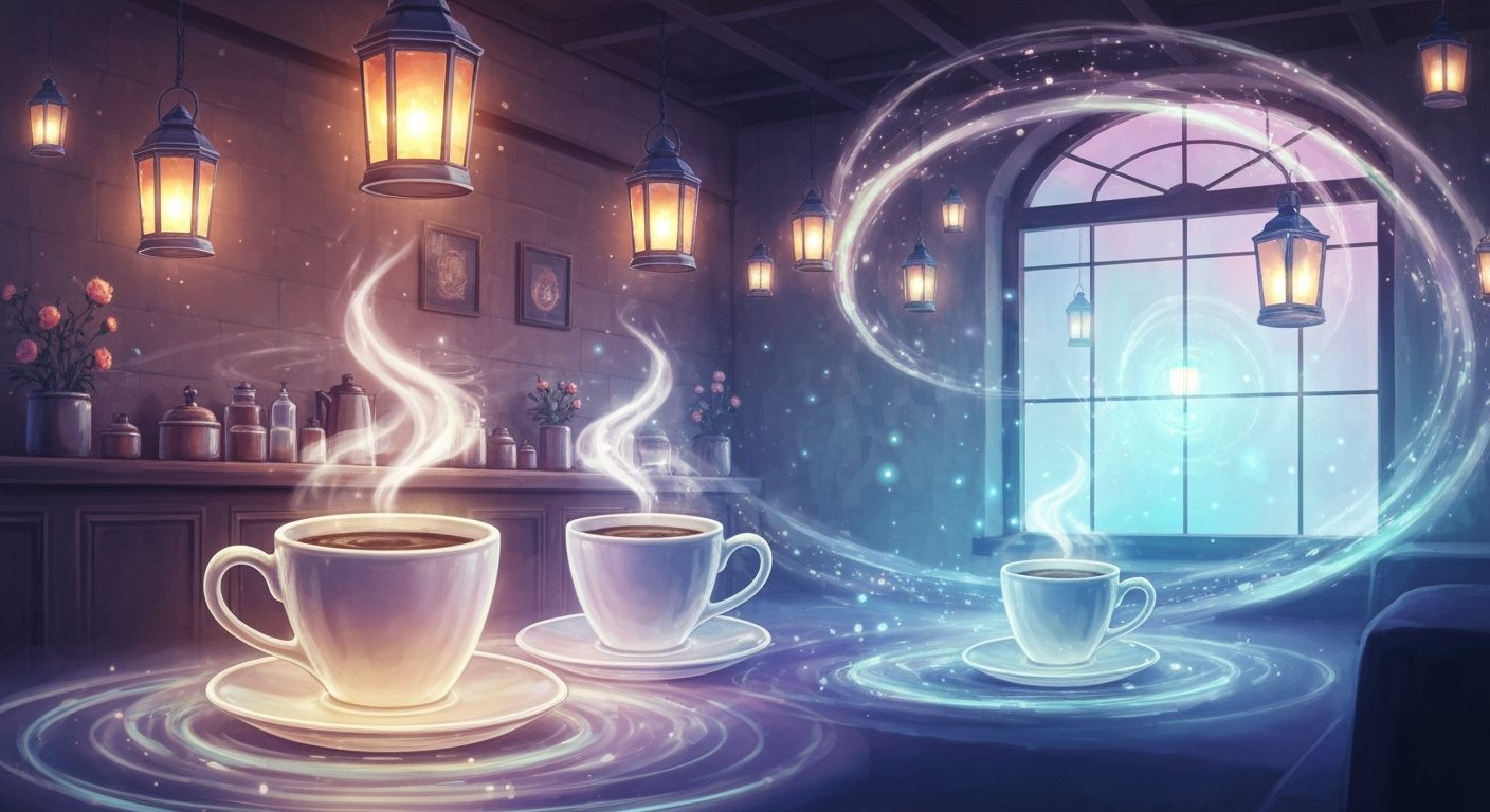 Cozy Supernatural Cafe With Glowing Mugs