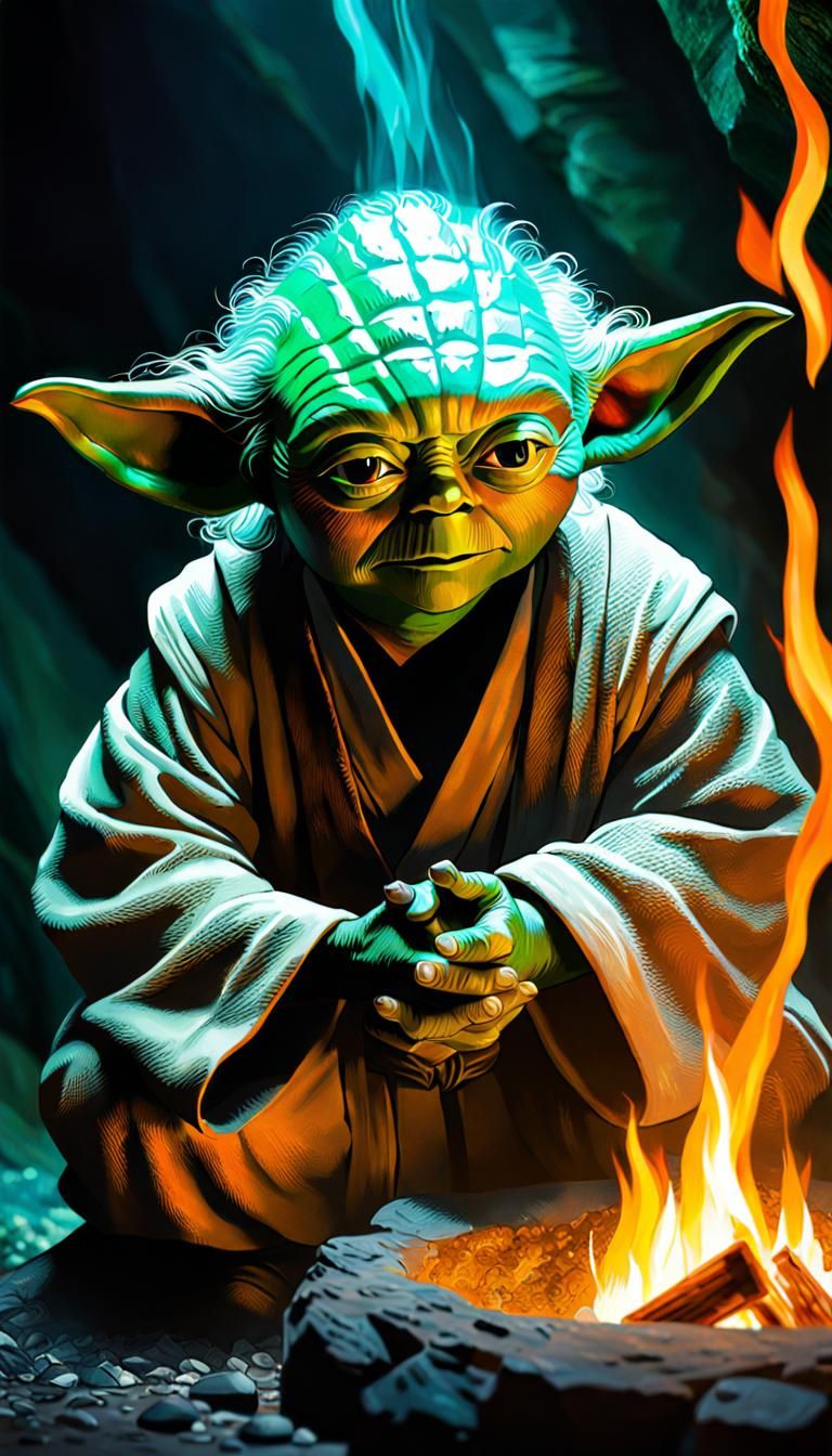 Young Yoda Warming Hands By Fire