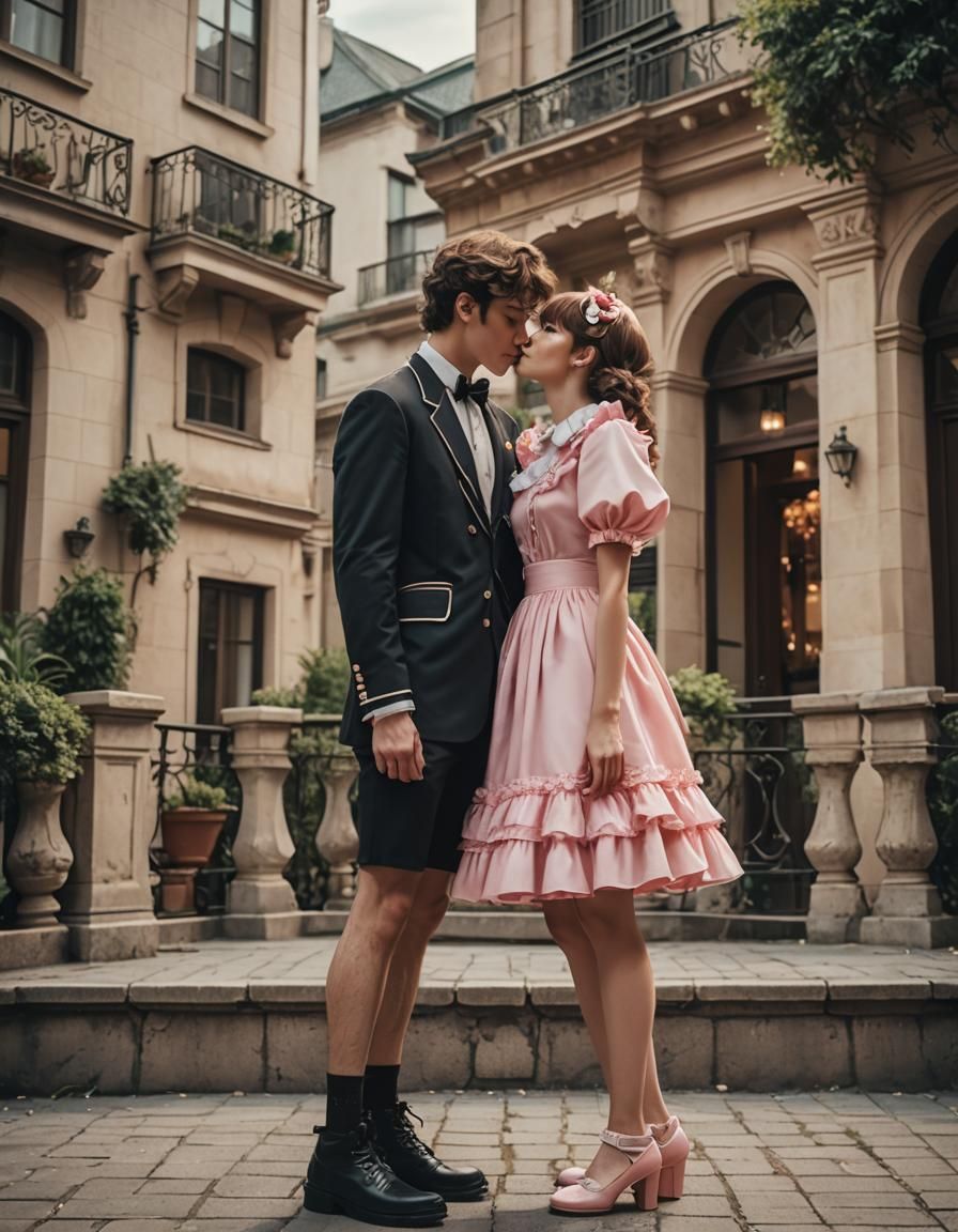 Crossdressed Boy Kissing Girl: Cinematic Film Still