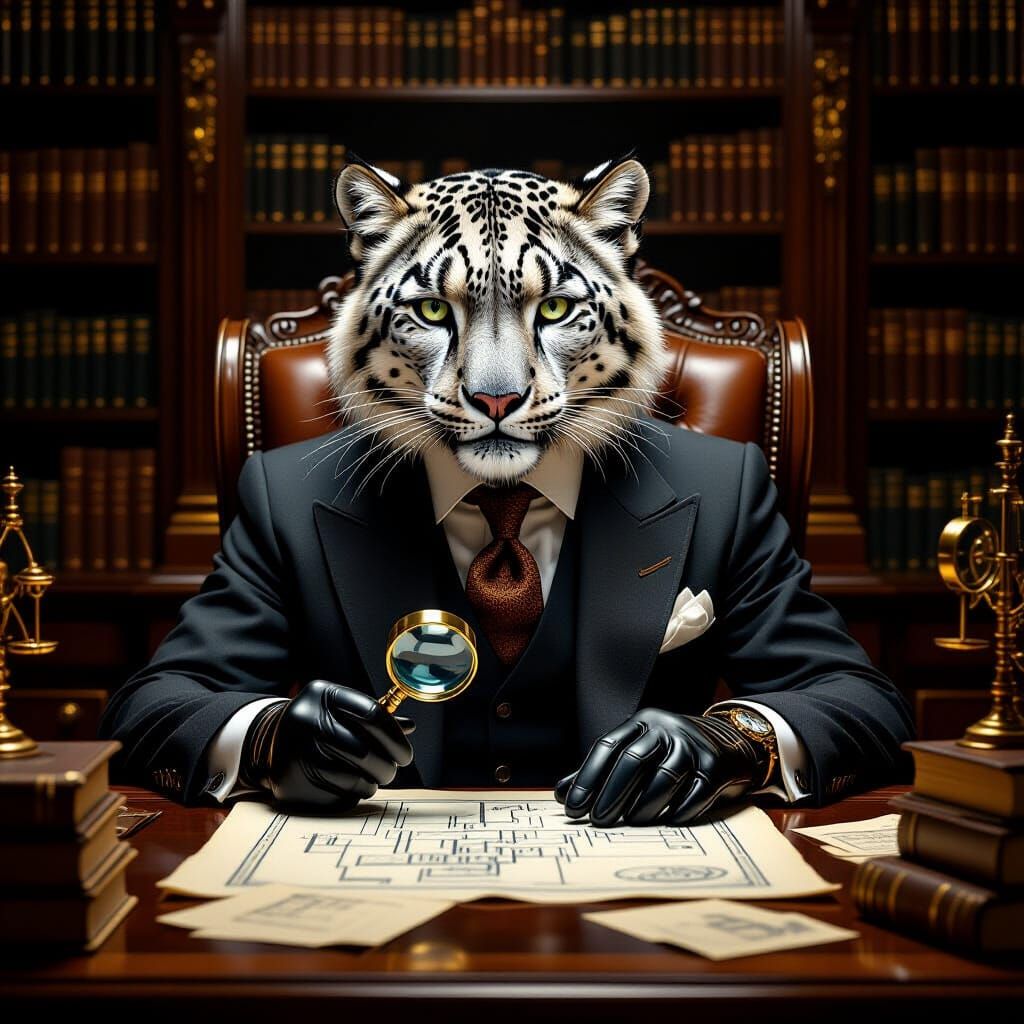 Anthropomorphic Snow Leopard Examines Blueprint in Steampunk...