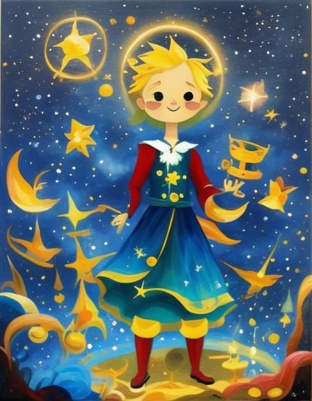 Whimsical Prince on a Celestial Planet, Oil on Canvas