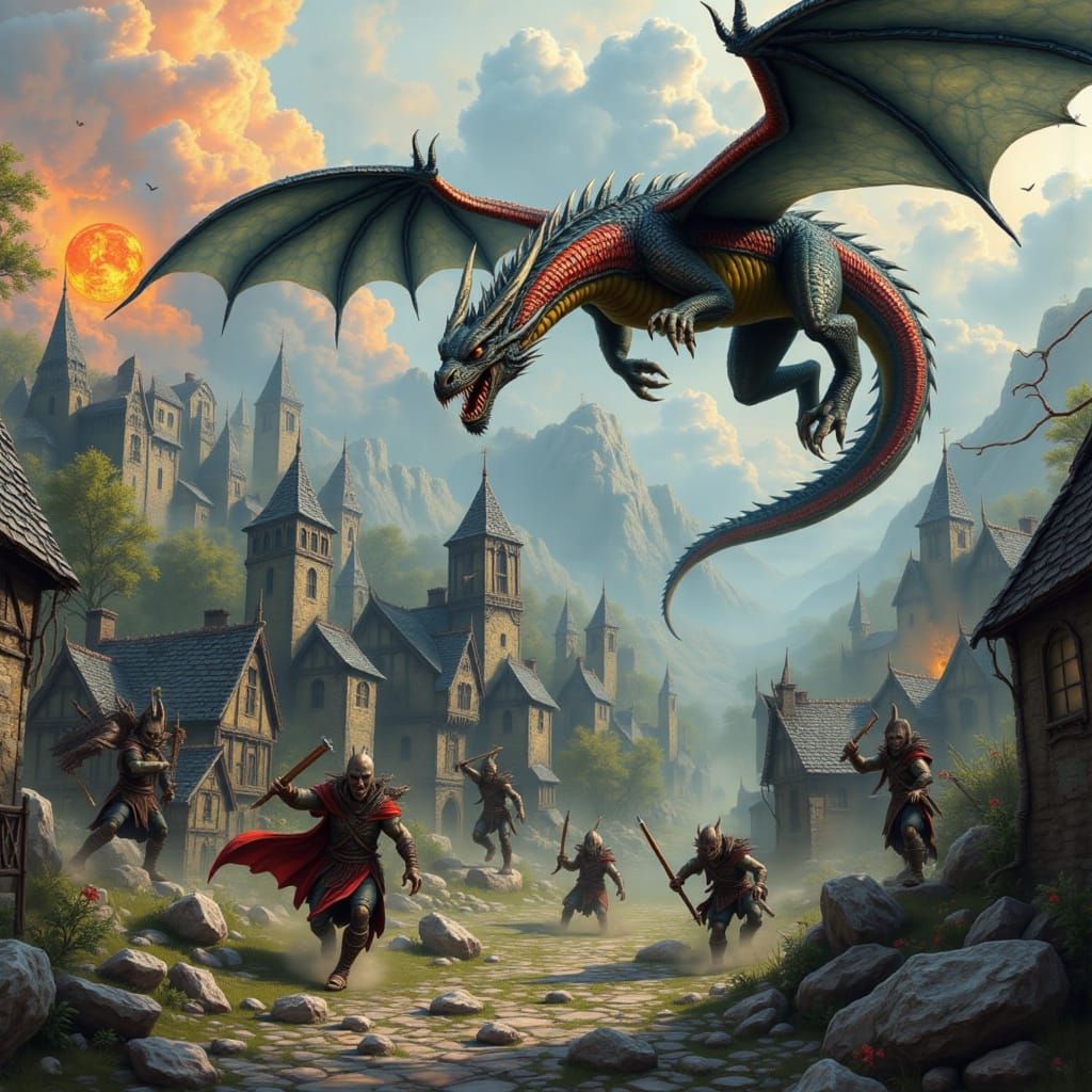 Dragon Terrorizes Village: DND Scene