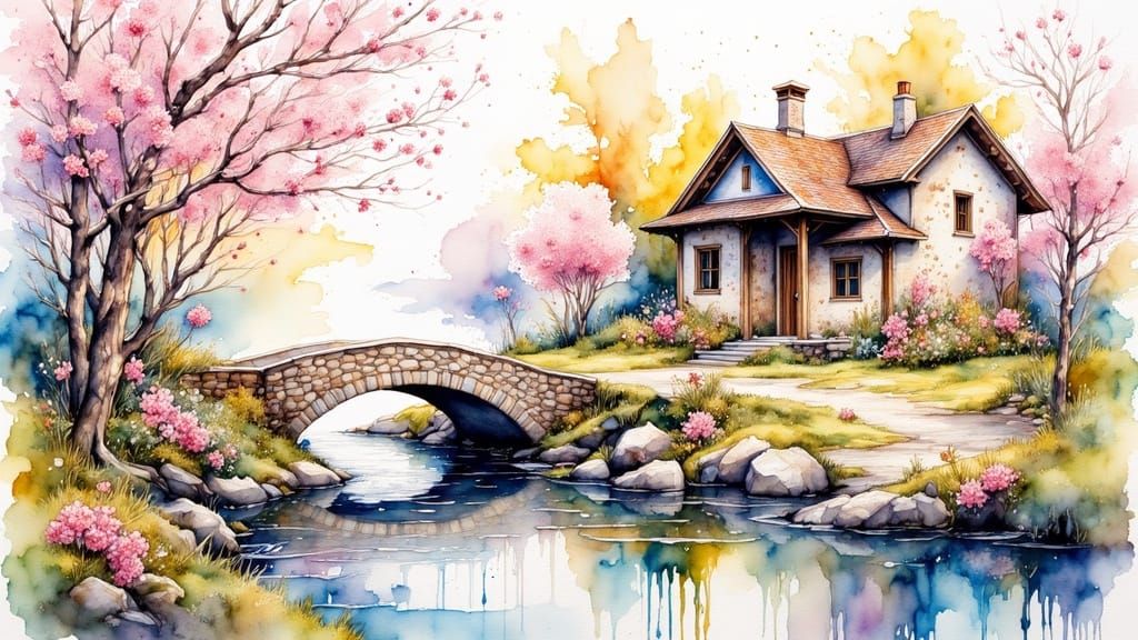 Watercolor Cottage Beside Stream with Cherry Blossoms
