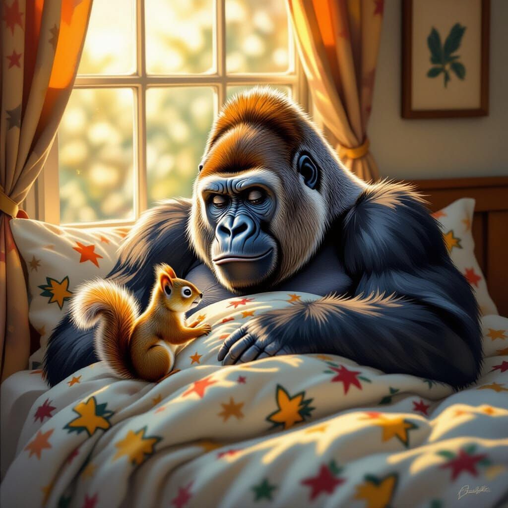 Gorilla Wakes to Playful Squirrel in Golden Hour Light