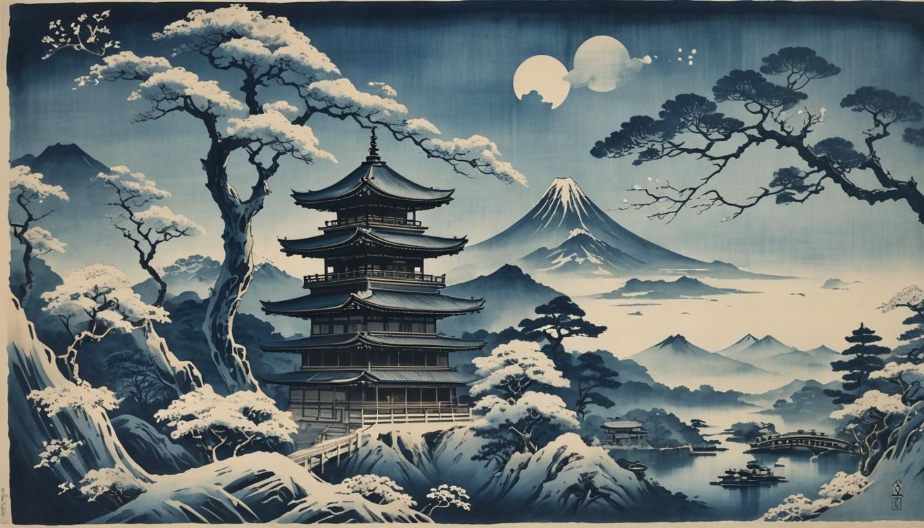 Cyanotype Landscape with Shrine and Buddha