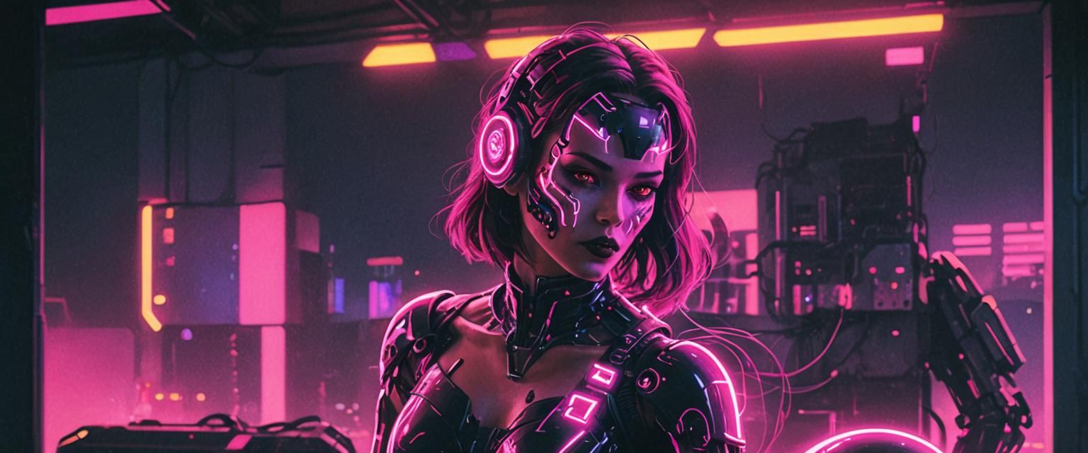 Evil Cyborg Girl in Synthwave Neon Retro Style
