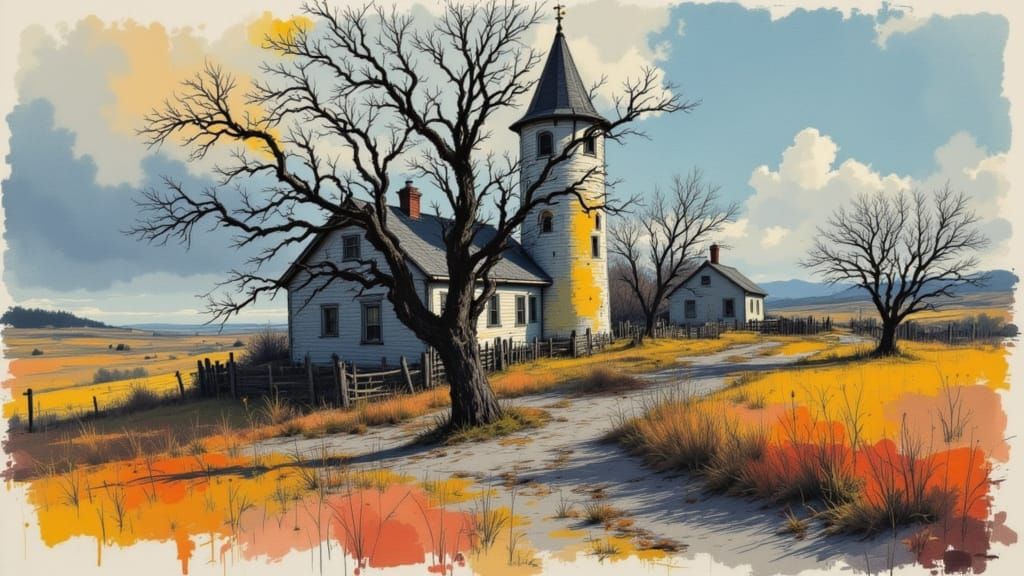 Bare Trees in Soft Focus with a Distinctive Steeple in Autum...