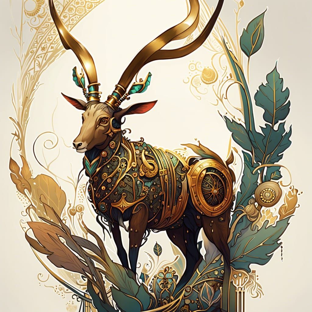 Steampunk Antelope with Golden Outlines, Digital Art