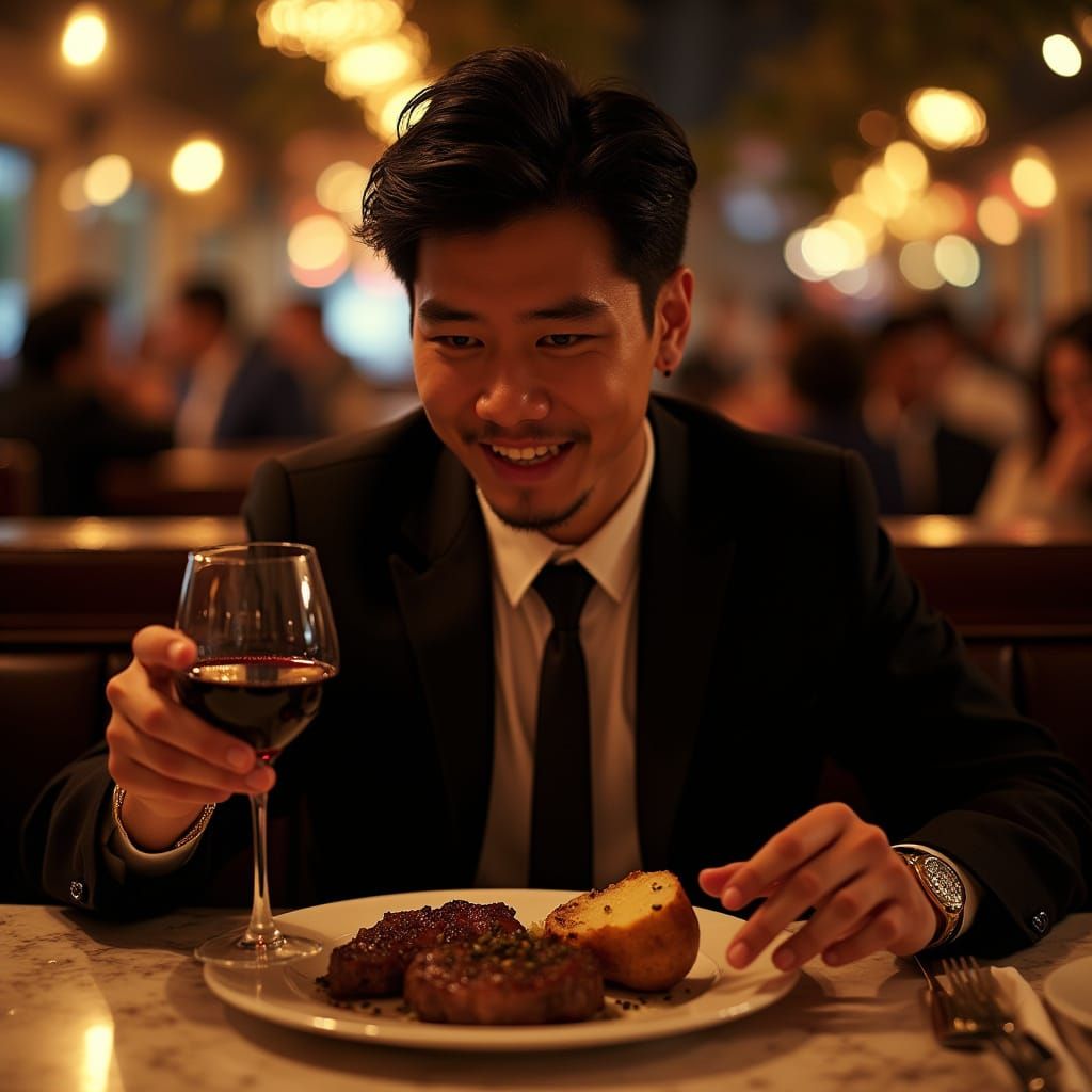 Man Enjoys Steak Dinner in Upscale Restaurant
