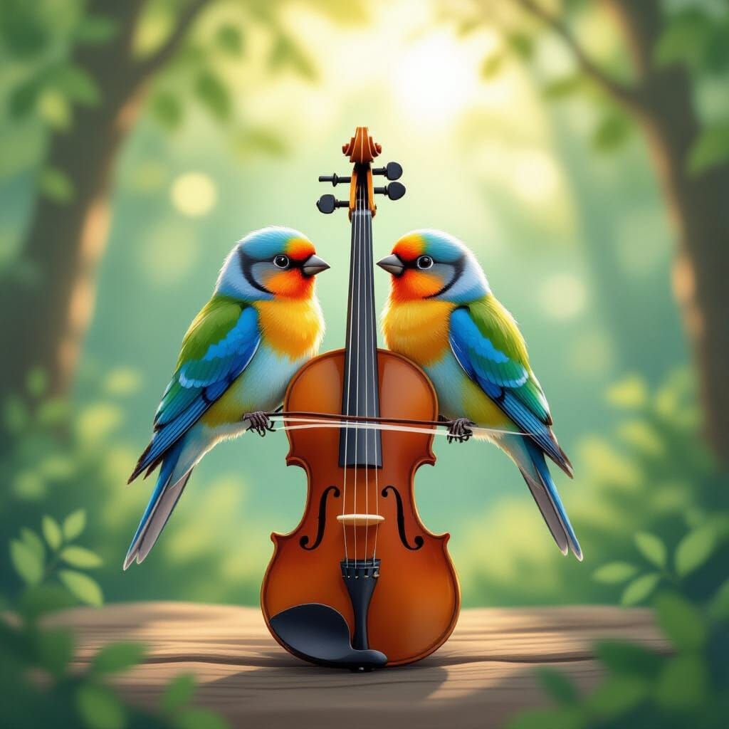 Lovebirds Perched on Violin in Forest Clearing