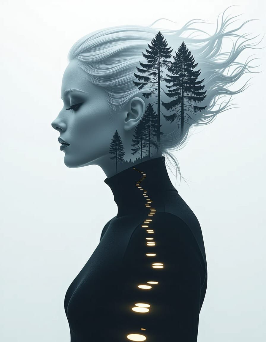Metallic Figure in Winter Forest, Surreal Portrait