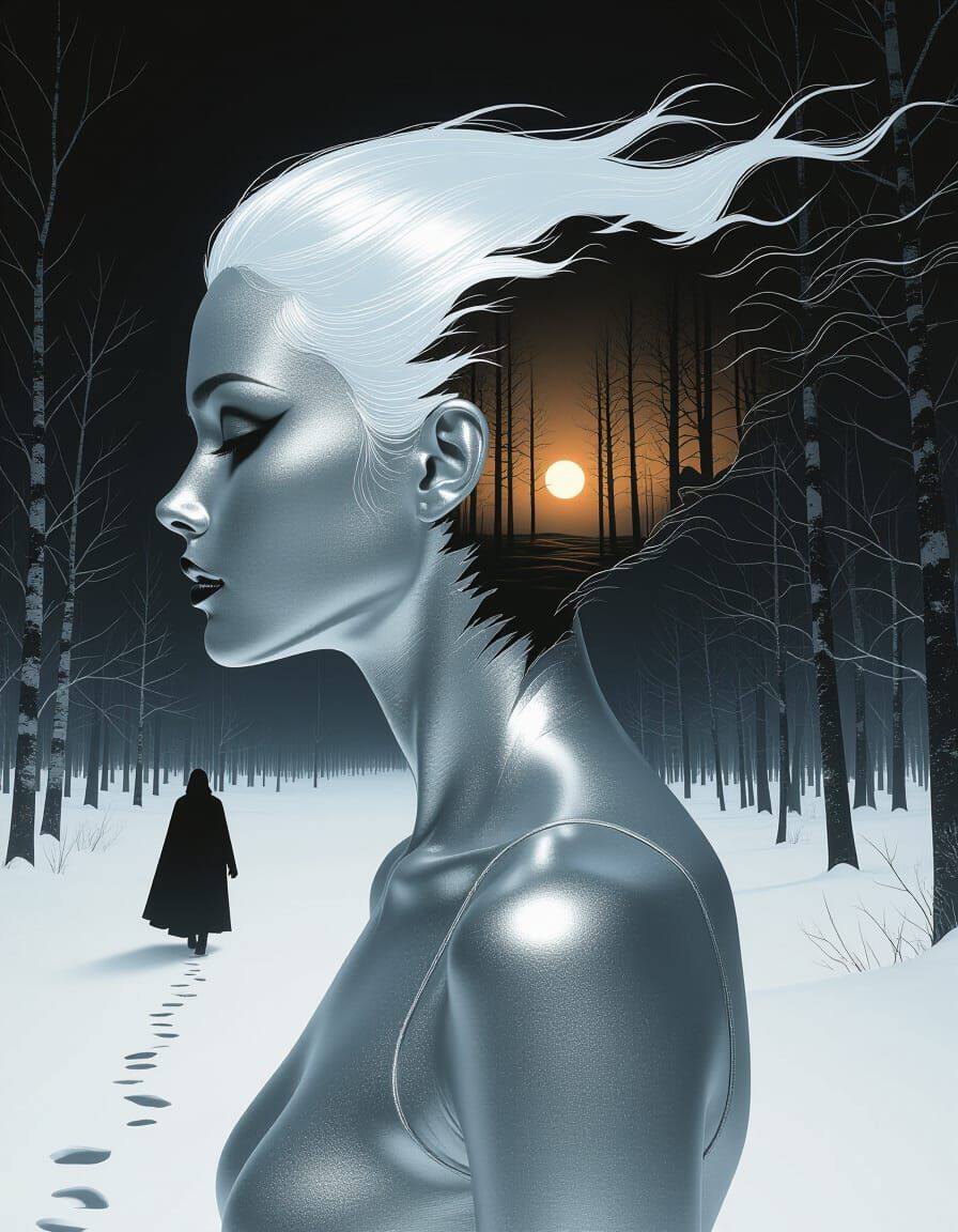 Surreal Metallic Portrait with Winter Forest Double Exposure