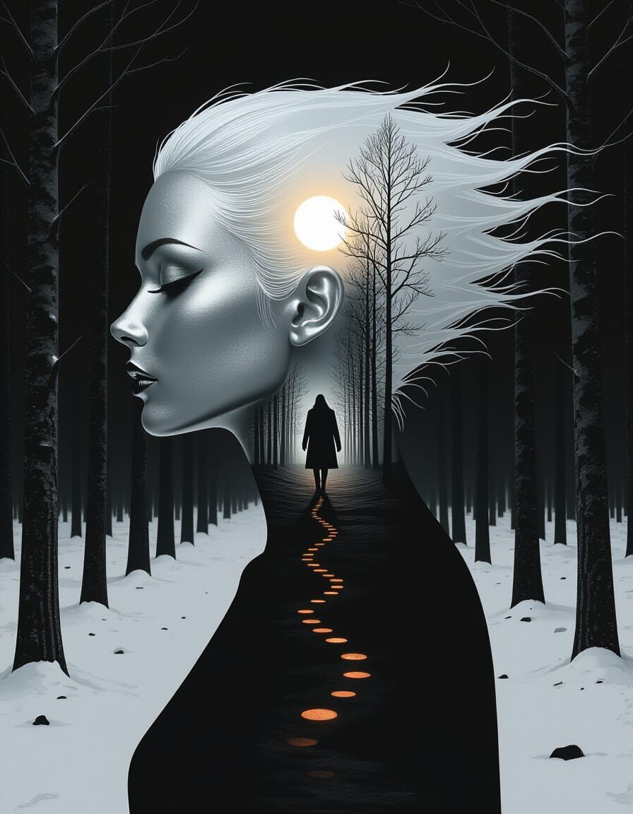 Surreal Metallic Portrait with Winter Forest