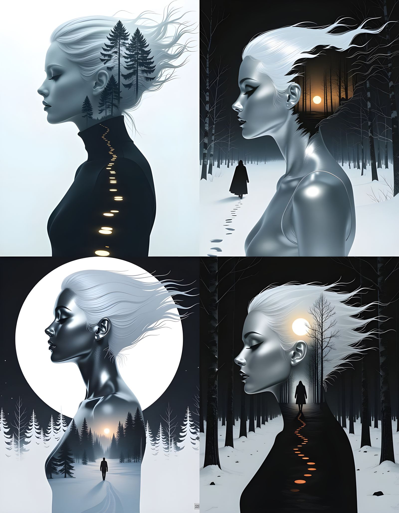 Surreal Metallic Portrait with Winter Forest Silhouette