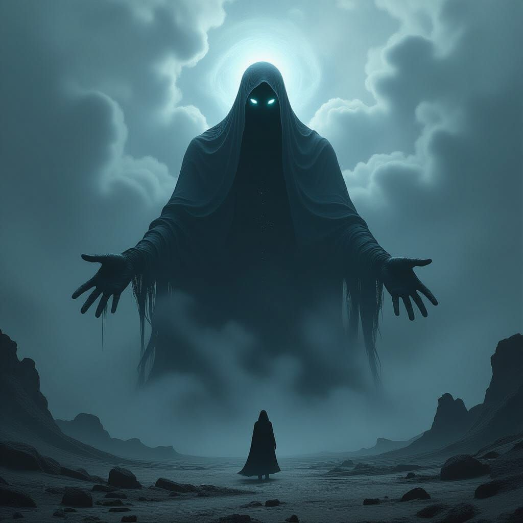 Colossal Shadow Figure Manipulating Abyssal Energy Orbs