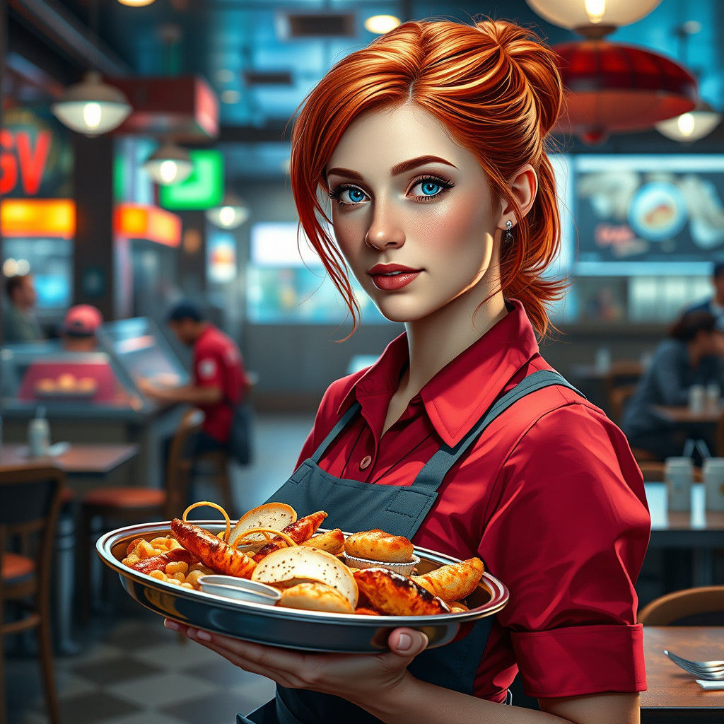 Waitress Portrait in Seafood Restaurant, Hyperdetailed Art