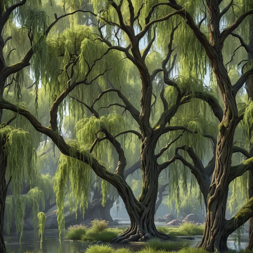 Seamless Weeping Willow Trees in Fantasy Art Style