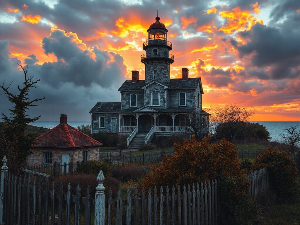 Spooky Lighthouse Maximalist Masterpiece in Sunset Hues