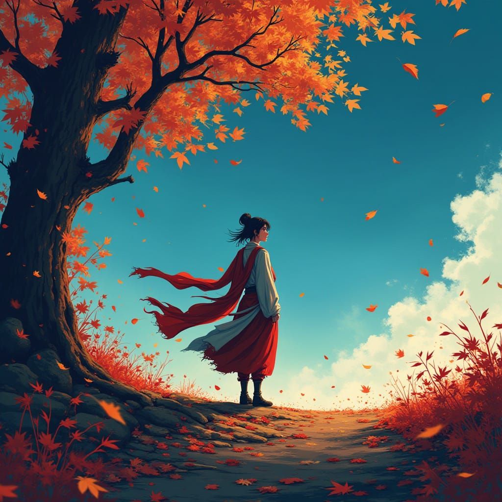Autumn Whirlwind with Lone Figure in Traditional Attire