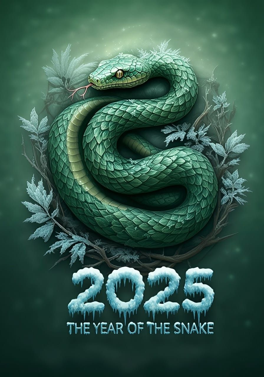 Snake in Winter Wonderland, Traditional Chinese Art Style