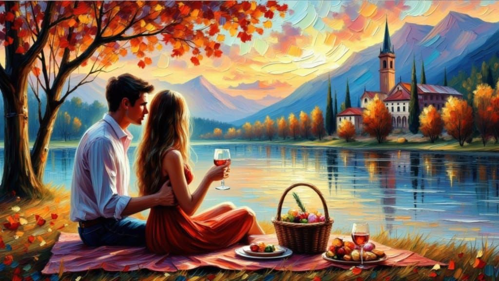 Romantic Picnic by River in Hyperreal Style