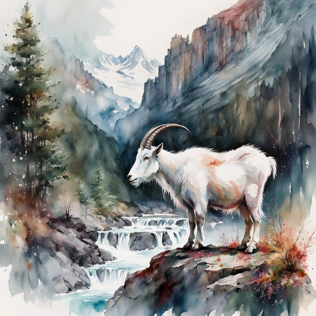Impressionist Masterpiece: Mountain Goat in Majestic Swiss A...