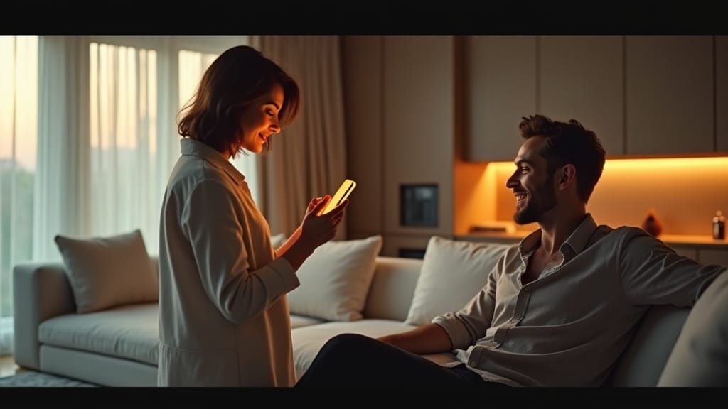 Modern Living Room Scene with Man and Smartphone