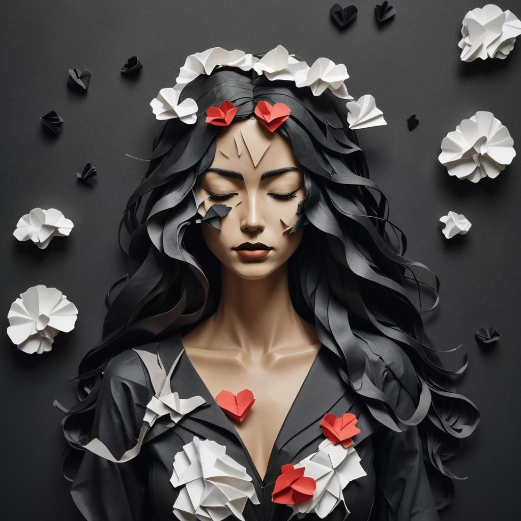 Woman with Heart Hole in Origami Papercraft Style
