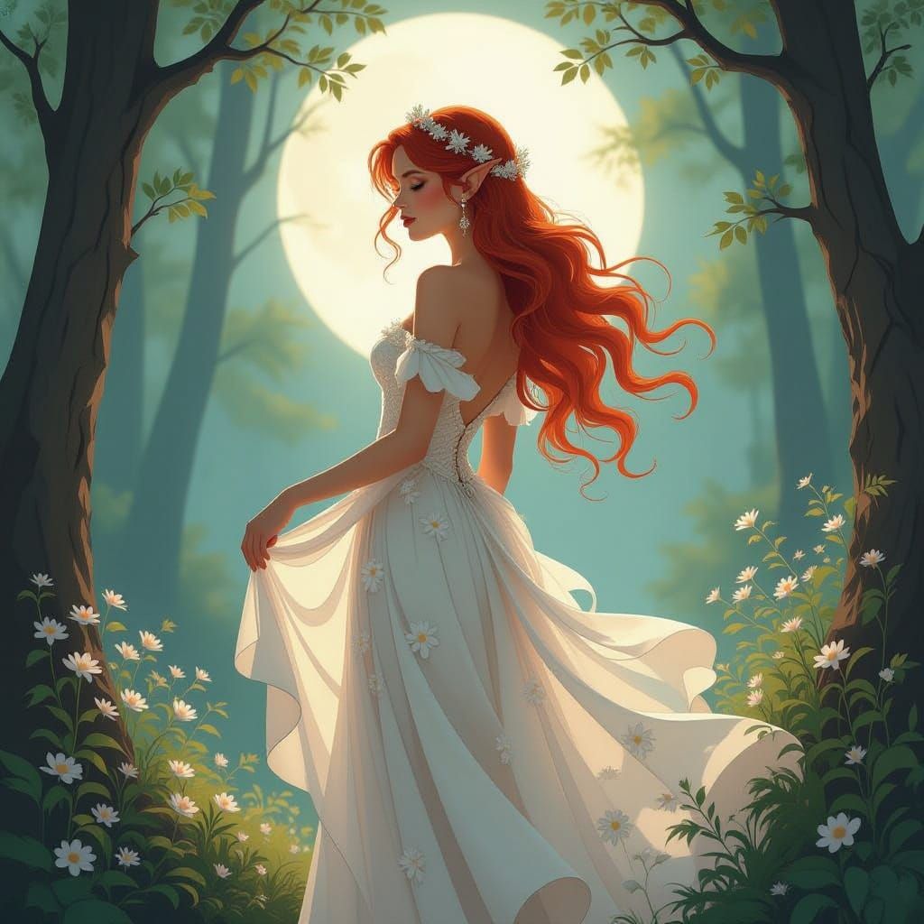 Transparent Red-Haired Elf in Floral Dress