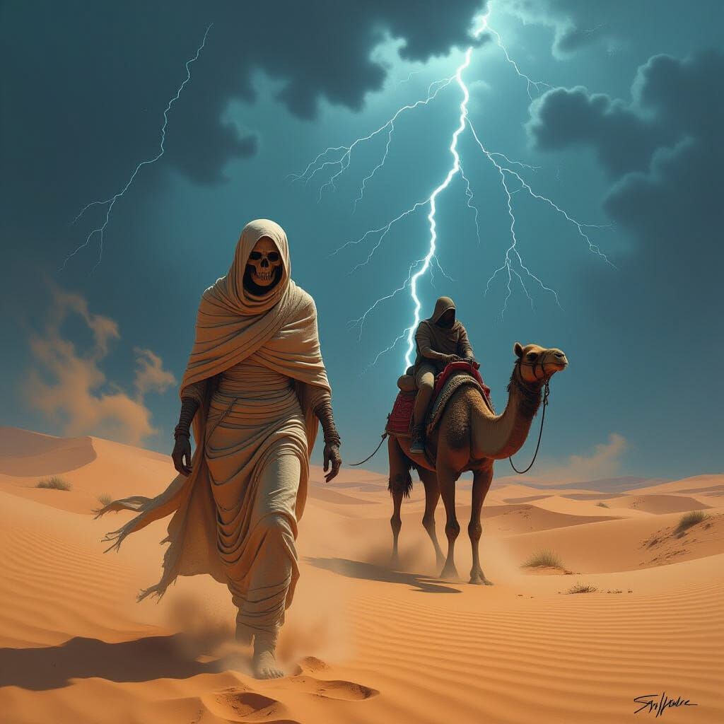 Mummy Skeleton and Camel in Stormy Desert, Dark Realism