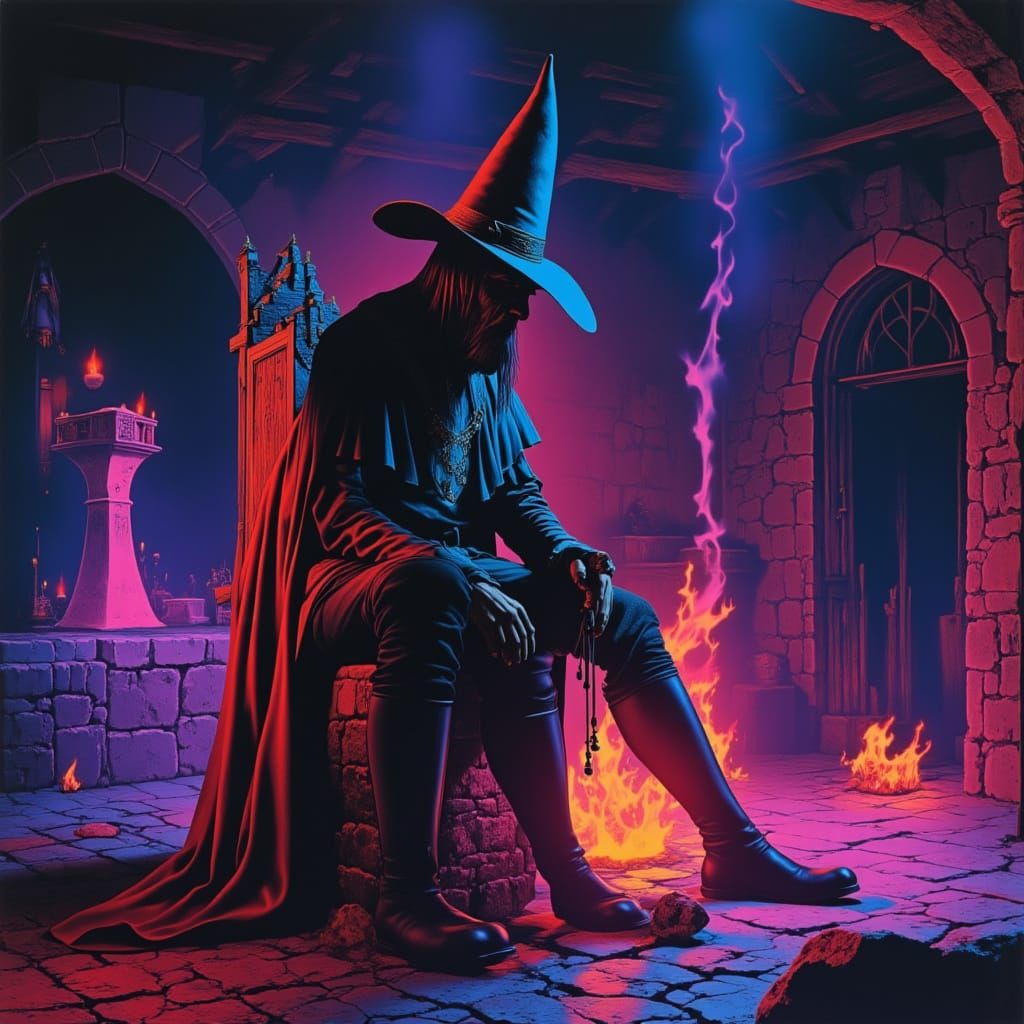 Baba Yaga in Vaporcore Cottage with Neon Flames