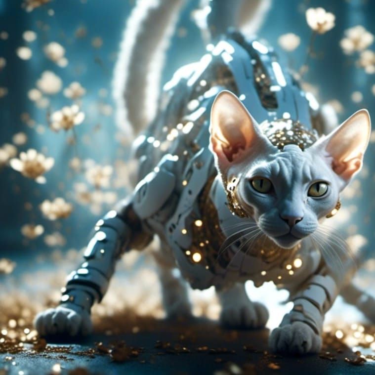 Robotic Cat in Moonlight: Retrofuturistic Film Still