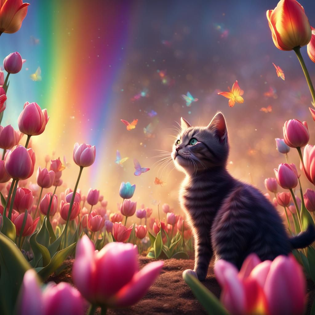 Rainbow Tulips Dance for Kittens: Fantasy Concept Art